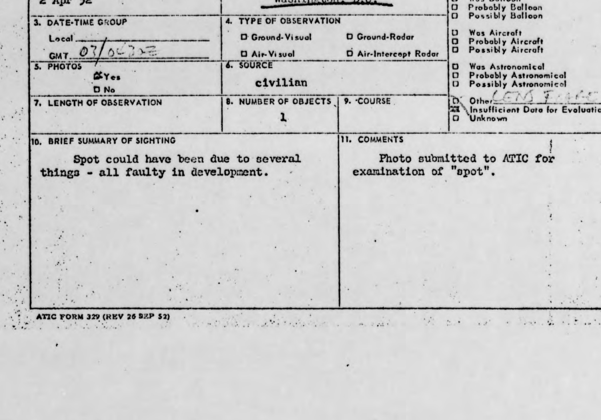 Project 10073 Record Card for Washington D.C. sighting, April 2, 1952
