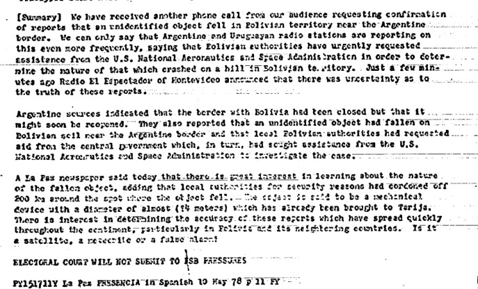 Intelligence report on unidentified fallen object near Bolivia-Argentina border, May 1978