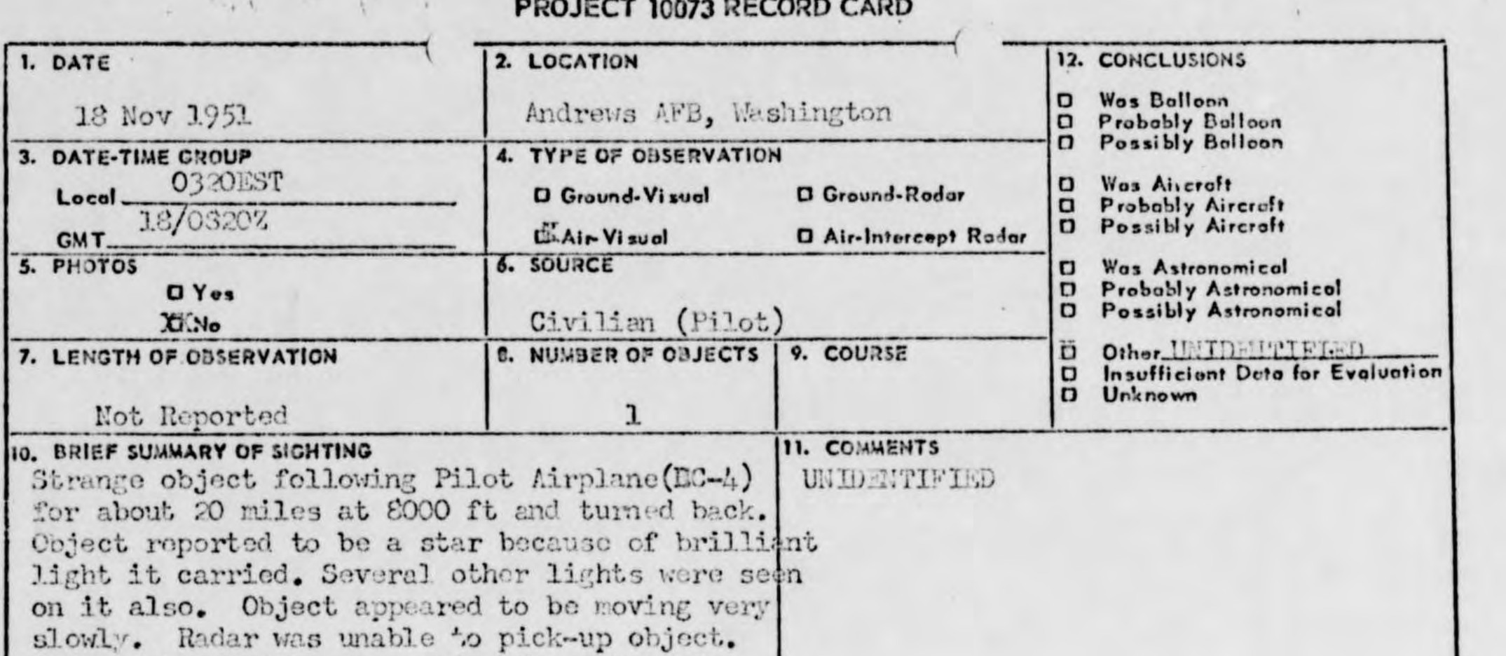 Project 10073 Record Card for November 18, 1951 Andrews AFB sighting