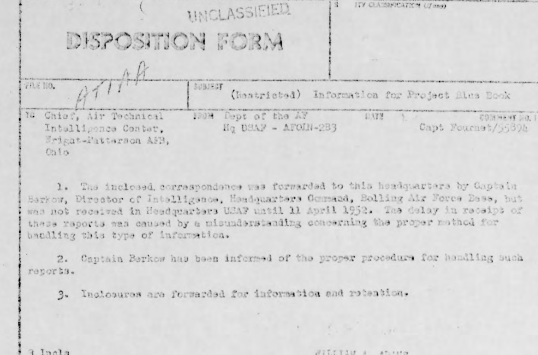 Disposition Form routing the Andrews AFB UFO report through intelligence channels