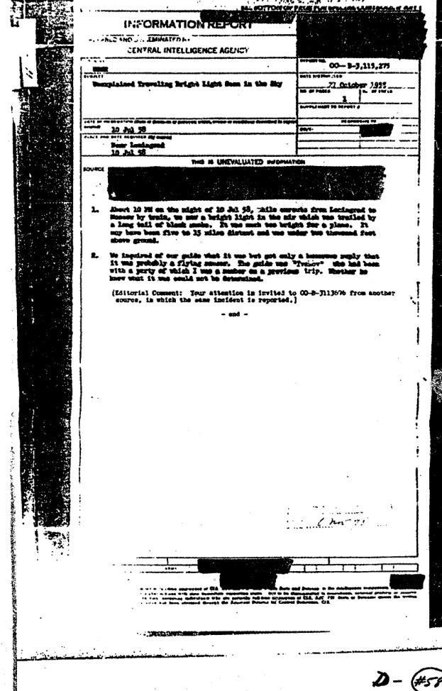 CIA Information Report form dated October 27, 1955, regarding unexplained bright lights in the sky
