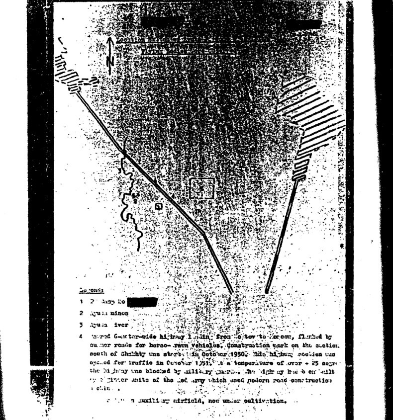Hand-drawn map showing location of August 1953 UFO sightings near Ayata camp and Shakity area, with rivers and highways marked